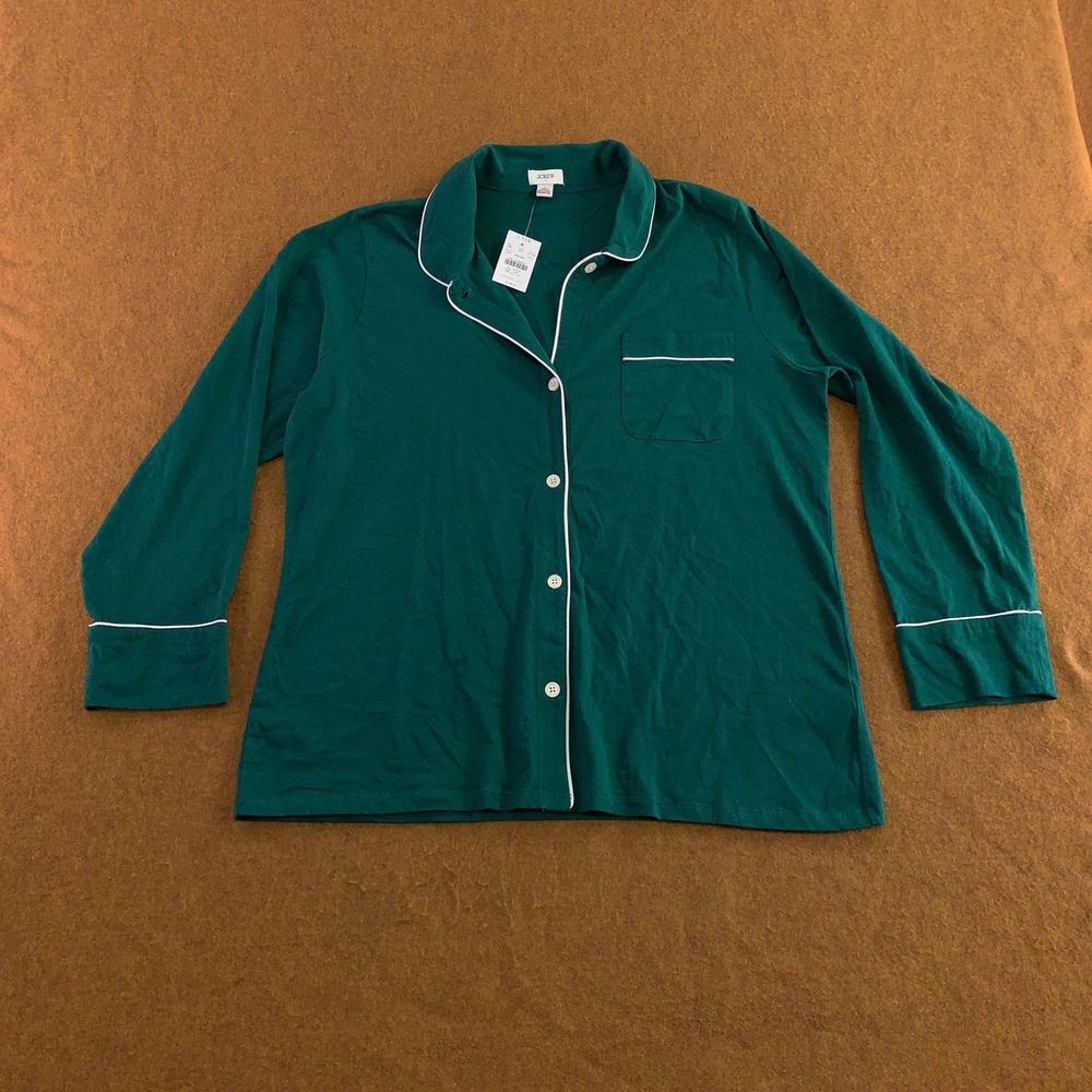 J.Crew Womens Large Green Cotton Piped Long Sleeve Pajama Top NWT
